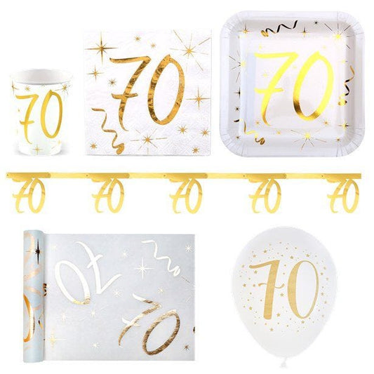 White & Gold Sparkle 70th Birthday - Deluxe Party Pack for 30