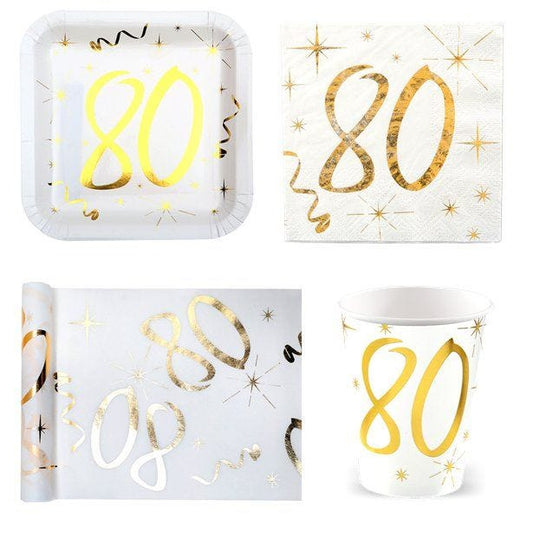 White & Gold Sparkle 80th Birthday Value Party Pack for 10