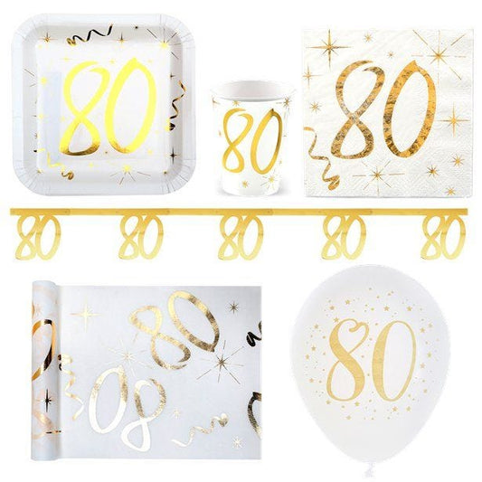 White & Gold Sparkle 80th Birthday Deluxe Party Pack for 20