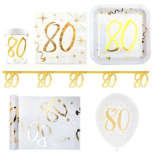 White & Gold Sparkle 80th Birthday - Deluxe Party Pack for 30