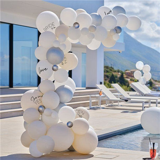 Hen Party White & Silver Latex Balloon Arch With Streamers