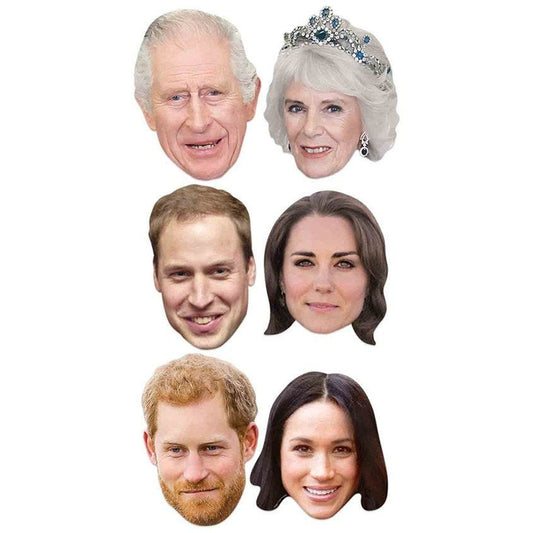 Royals Card Masks King Charles, Camilla, William, Kate, Meghan, Harry (6pk)