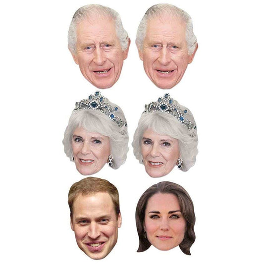 Royals Card Masks King Charles III, Camilla, Prince William, Princess Kate (6pk)