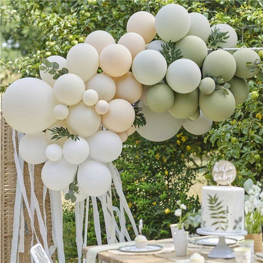 Green and Nude Balloon Arch with Streamers - 70 Balloons