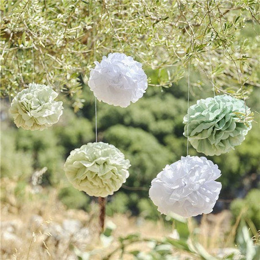 Green and White Paper Pom Pom Decorations (5pk)