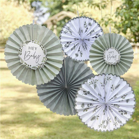 Botanical 'Hey Baby' Paper Fan Decorations (5pk)