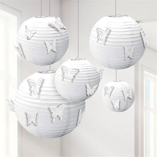 White Paper Lanterns with Butterfly Attachments (5pk)