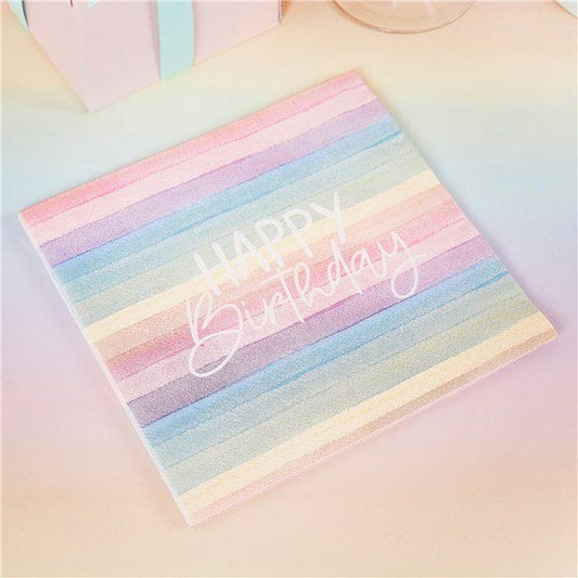 Eco Pastel Rainbow Happy Birthday Paper Napkins - 33cm (16pk)