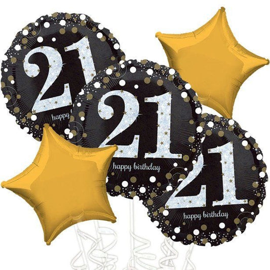 21st Birthday Gold Sparkling Celebration Balloon Bouquet - Assorted Foil 18"