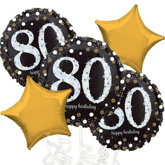 80th Birthday Gold Sparkling Celebration Balloon Bouquet - Assorted Foil 18"