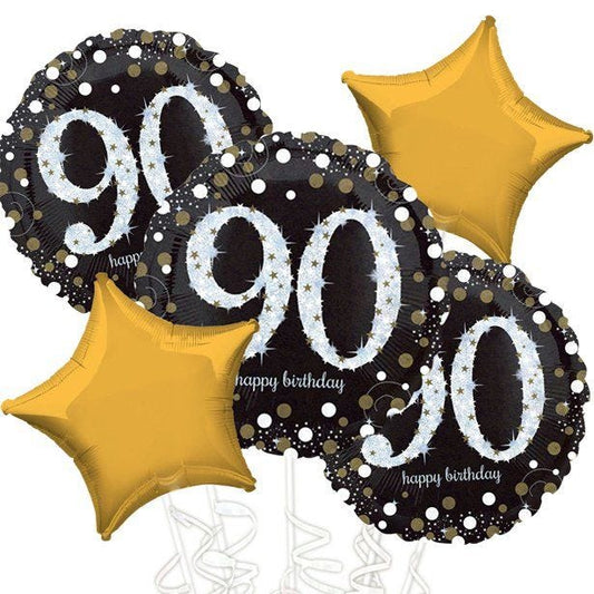 90th Birthday Gold Sparkling Celebration Balloon Bouquet - Assorted Foil 18"
