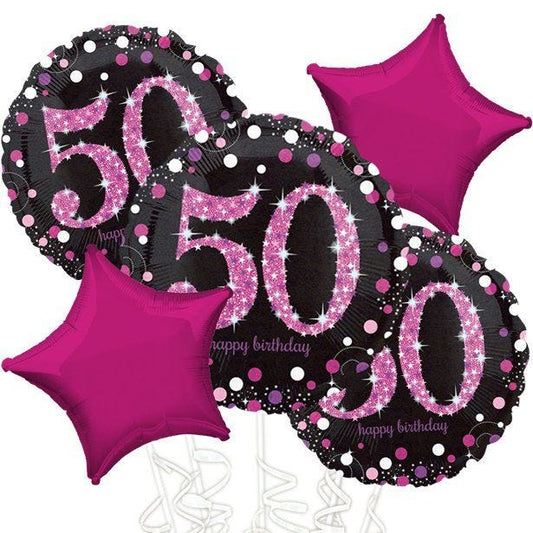 50th Birthday Pink Sparkling Celebration Balloon Bouquet - Assorted Foil 18"