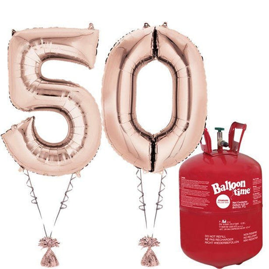 Age 50 Rose Gold Foil Kit With Helium, Ribbon and Weights