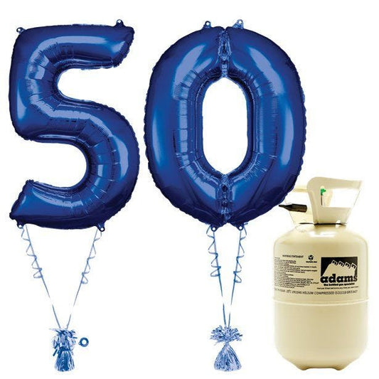 Age 50 Blue Foil Kit With Helium, Ribbon and Weights
