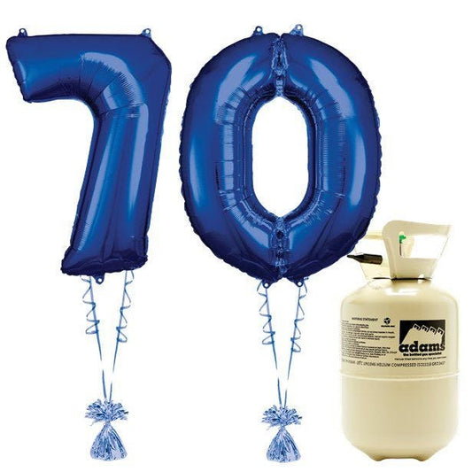 Age 70 Blue Foil Kit With Helium, Ribbon and Weights