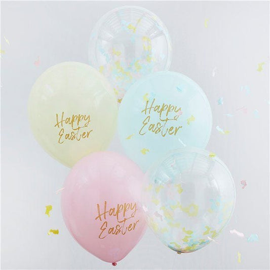 Happy Easter Pastel & Confetti Mix Balloons - Latex (5pk)