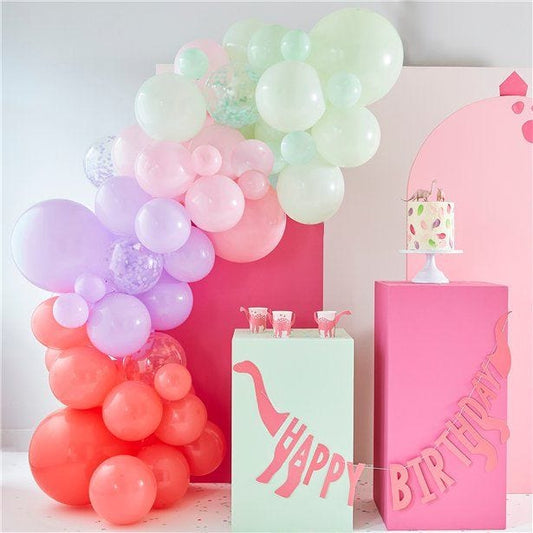Pink, Lilac, Pastel Green and Confetti Balloon Arch - 75 Balloons