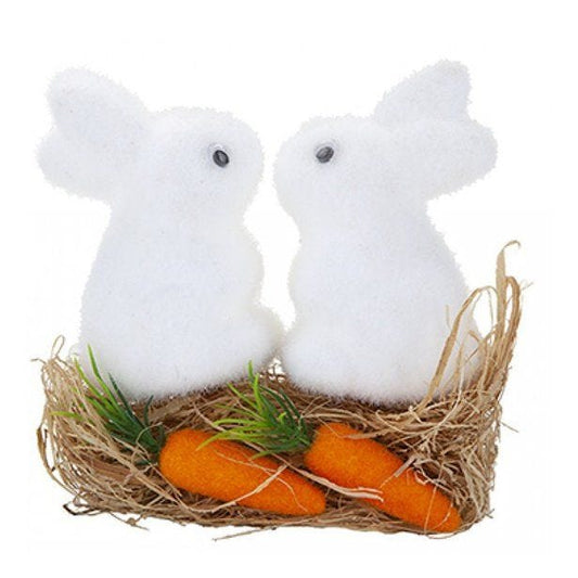 Flocked Bunnies with Grass & Carrots - 9.5cm