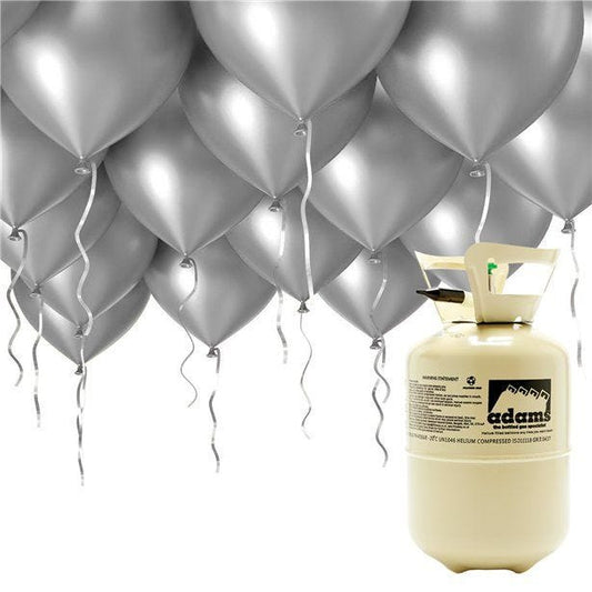 Helium Canister Including 30 x 9" Silver Latex Balloons & Ribbons