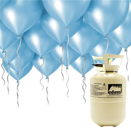 Helium Canister Including 30 x 9" Light Blue Latex Balloons & Ribbons