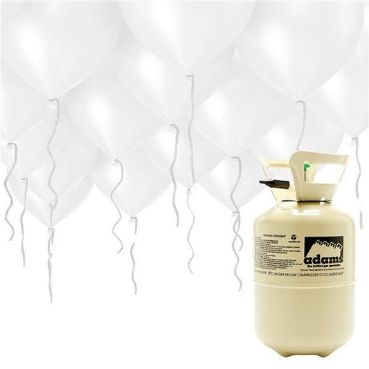 Helium Canister Including 30 x 9" White Latex Balloons & Ribbons