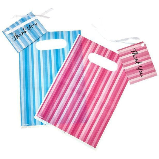 Blue & Pink Stripe Plastic Loot Bags & Tags (8pk)