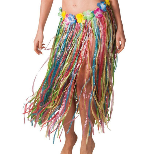 Multicoloured Hawaiian Long Grass Skirt - Adult