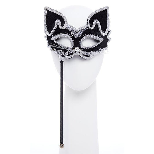 Black Cat Masquerade Mask on Stick