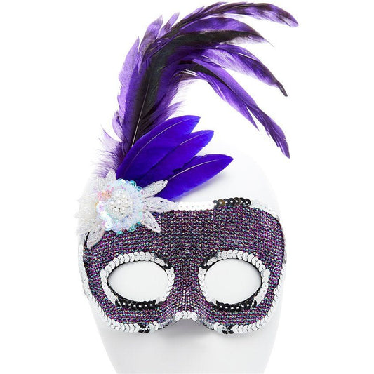 Purple Masquerade Mask with Side Feathers