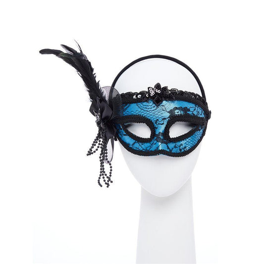 Blue Masquerade Mask with Feathers