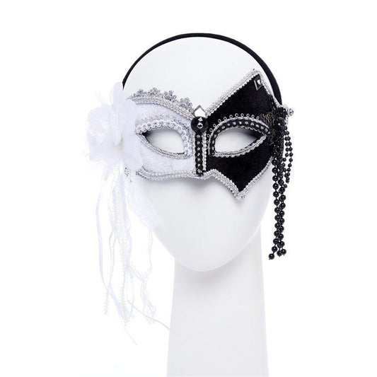 Black & White Masquerade Mask with Feathers & Beads