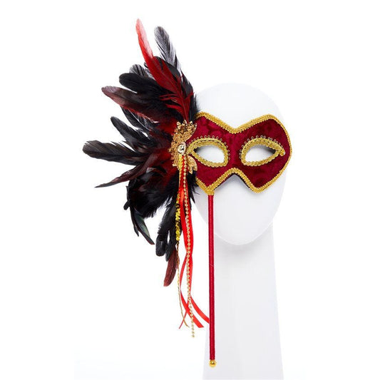 Red & Gold Masquerade Mask on Stick with Feathers