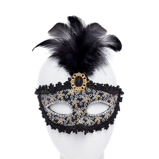 Black Glittery Masquerade Mask with Tall Feather & Gem
