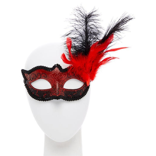 Red Masquerade Mask with Glitter & Feathers