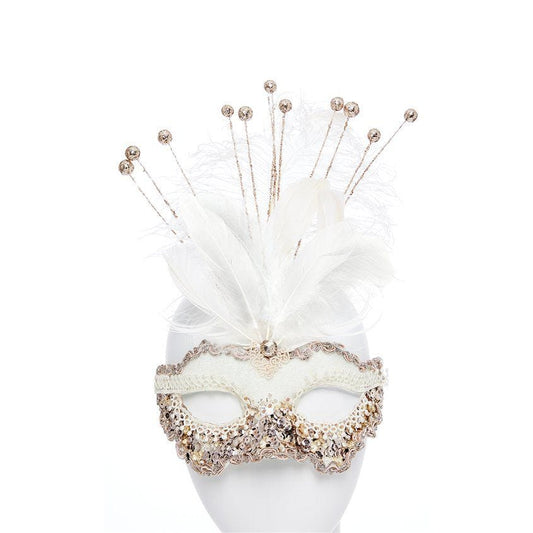 White Masquerade Mask with Sequins, Glitter & Feathers