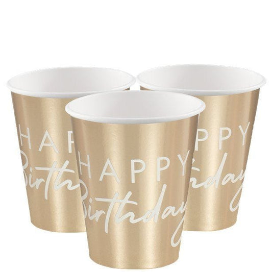 Gold Foil 'Happy Birthday' Paper Cups - 255ml (8pk)