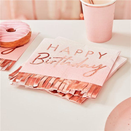 Mix It Up Happy Birthday Rose Gold Fringe Paper Napkins - 33cm (16pk)