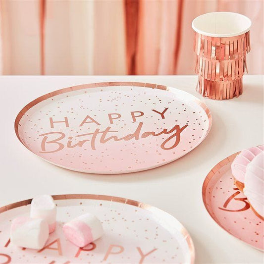 Mix It Up Happy Birthday Pink & Rose Gold Paper Plates - 24cm (8pk)
