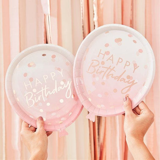 Mix It Up Happy Birthday Pink & Rose Gold Balloon Shaped Paper Plates - 29cm (8pk)