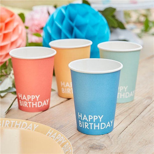 Mix It Up Brights Happy Birthday Eco Paper Cups - 266ml (8pk)