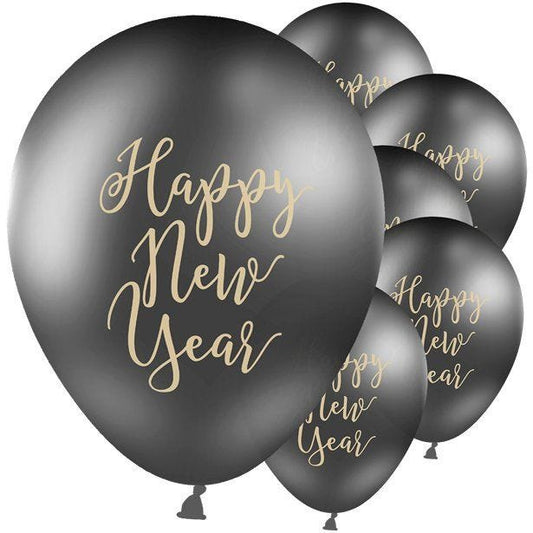 Happy New Year Black & Gold Balloons - 12" Latex (6pk)