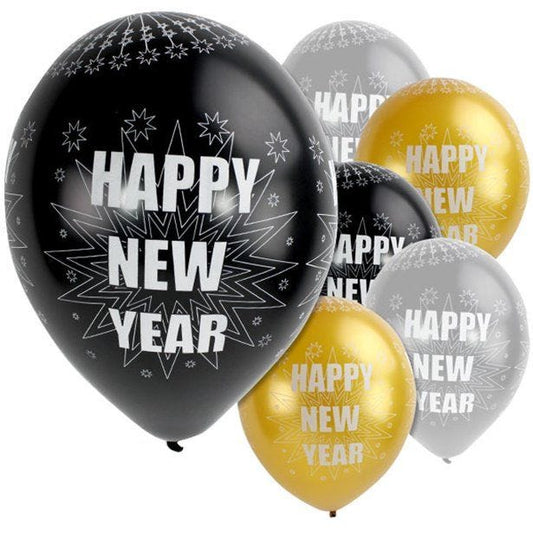 Happy New Year Sparkling Silver & Black Balloons - 11" Latex (6pk)