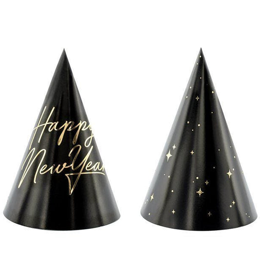 New Year Black & Gold Star Cone Hats (6pk)