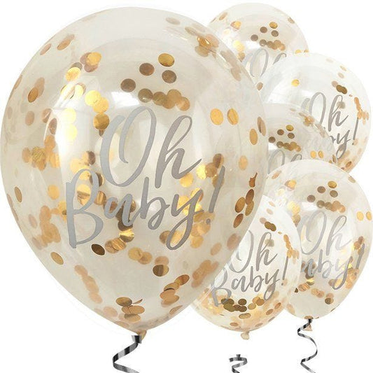 Oh Baby!' Gold Confetti Latex Balloons - 12" (5pk)