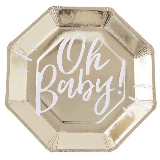Oh Baby!' Gold Foiled Paper Plates - 25cm (8pk)