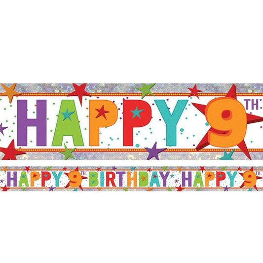 Multi Coloured 'Happy 9th Birthday' Holographic Foil Banner - 2.7m