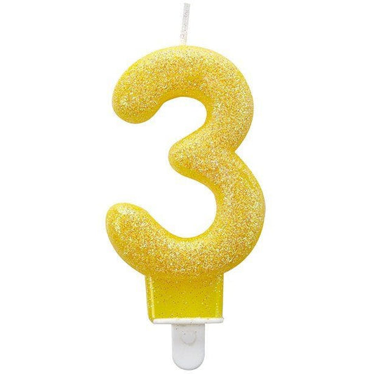Yellow Glitter Number 3 Candle - 7.5cm