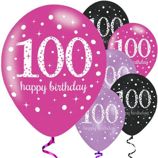 Happy 100th Birthday Pink Mix Latex Balloons - 11" (6pk)