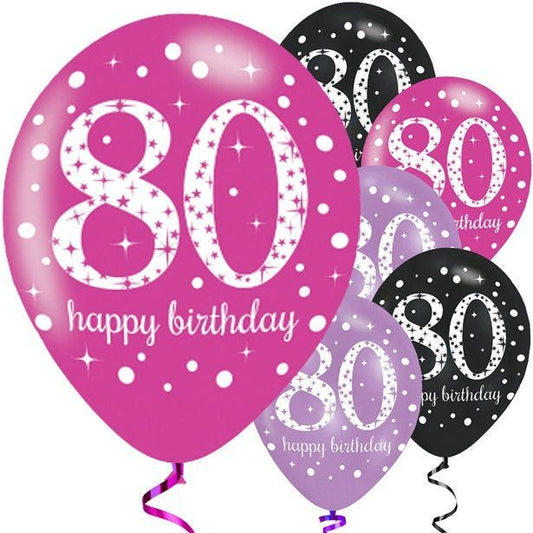Happy 80th Birthday Pink Mix Latex Balloons - 11" (6pk)