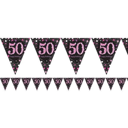 Pink Age 50 Holographic Plastic Bunting - 4m